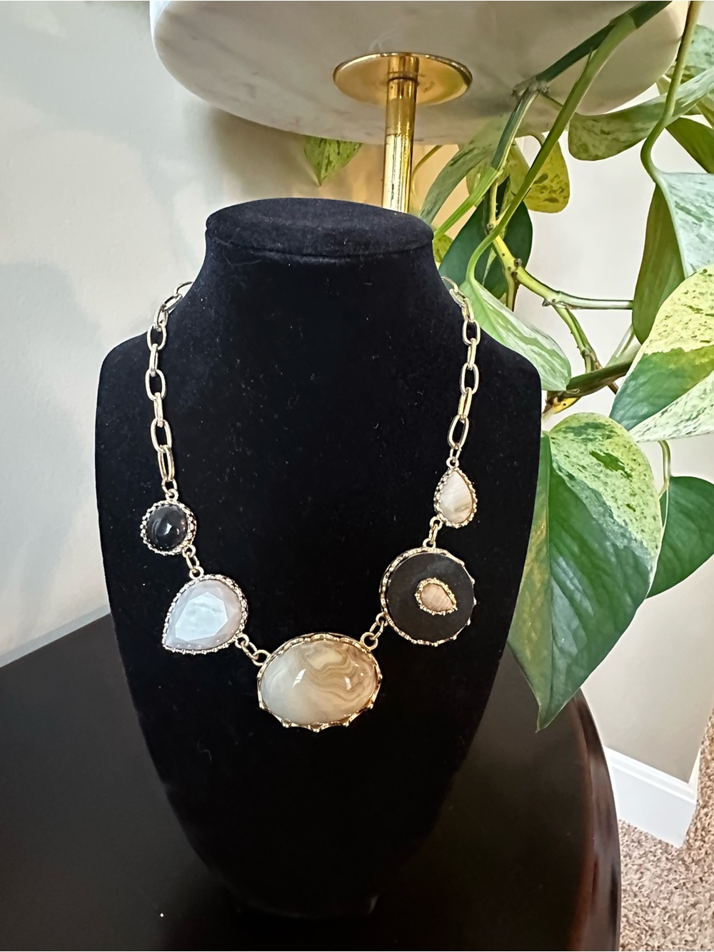 Gold-Tone Multistone Necklace with Neutral Agate and Black Accents